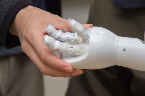 Human hand holding an artificial hand