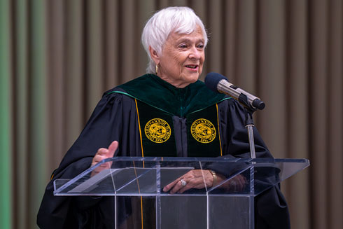 Karen Holbrook speaking at graduation