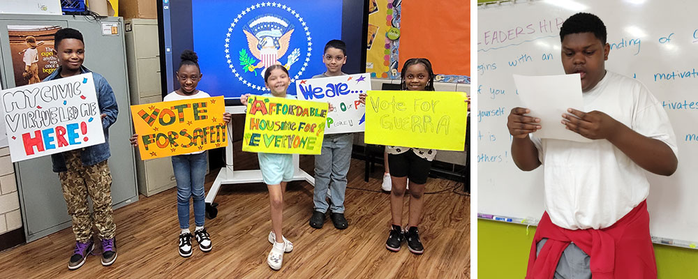 Students at charter schools in Chicago, Il. (left) and Pomona, Calif. (right) learn about American history, government, civics and geography through artistic expression. 